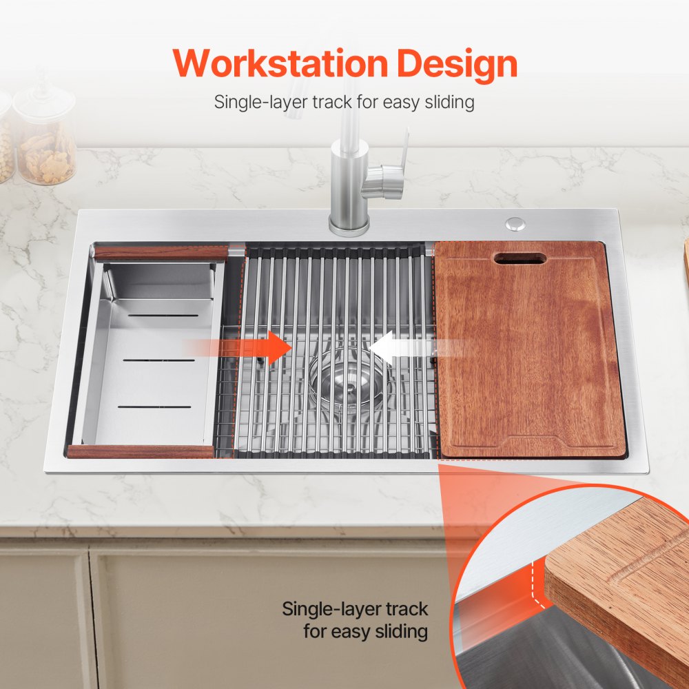 VEVOR 33 inch Kitchen Sink Workstation, 304 Stainless Steel Top Mount Sinks, Drop-In Single Bowl Farmhouse Basin with Ledge & Multiple Accessories, Household Dishwasher Sink for RV, Prep Kitchen, Bar