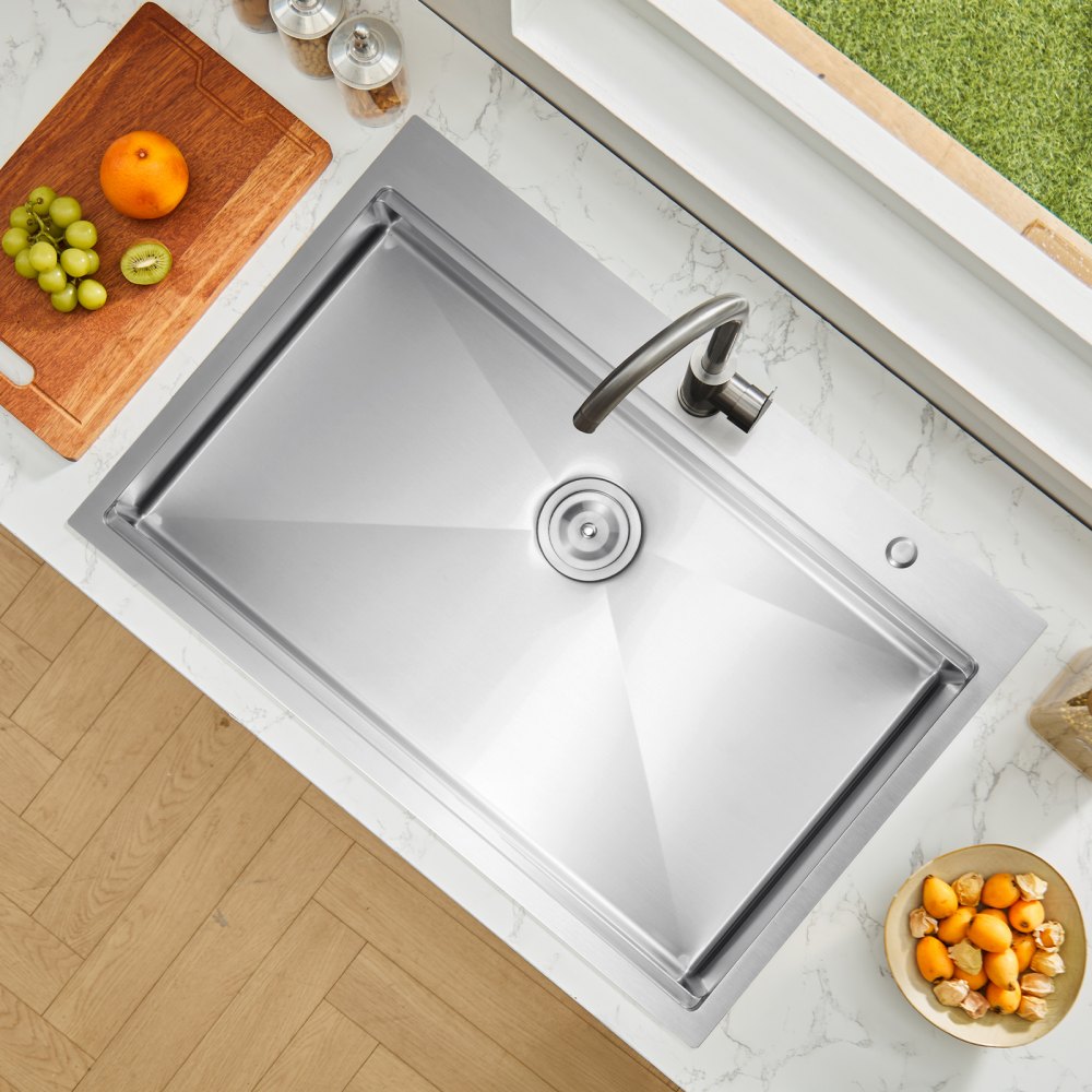 VEVOR 33 inch Kitchen Sink Workstation, 304 Stainless Steel Top Mount Sinks, Drop-In Single Bowl Farmhouse Basin with Ledge & Multiple Accessories, Household Dishwasher Sink for RV, Prep Kitchen, Bar