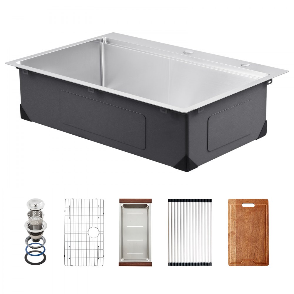 VEVOR 33 inch Kitchen Sink Workstation, 304 Stainless Steel Top Mount Sinks, Drop-In Single Bowl Farmhouse Basin with Ledge & Multiple Accessories, Household Dishwasher Sink for RV, Prep Kitchen, Bar