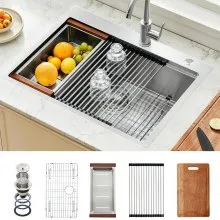 VEVOR 33 inch Kitchen Sink Workstation, 304 Stainless Steel Top Mount Sinks, Drop-In Single Bowl Farmhouse Basin with Ledge & Multiple Accessories, Household Dishwasher Sink for RV, Prep Kitchen, Bar