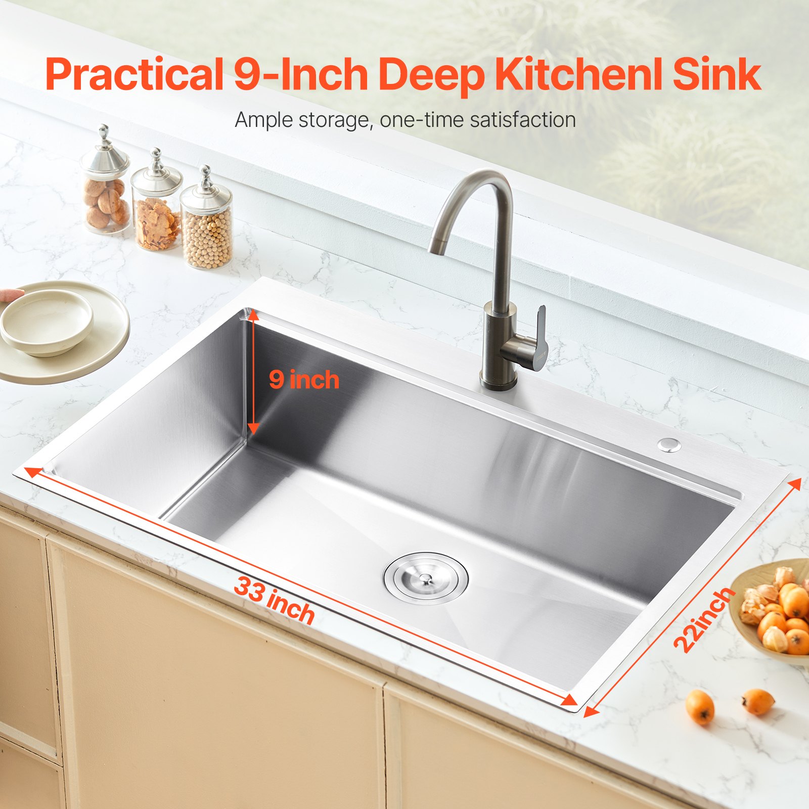VEVOR 33 inch Kitchen Sink Workstation, 304 Stainless Steel Top Mount Sinks, Drop-In Single Bowl Farmhouse Basin with Ledge & Multiple Accessories, Household Dishwasher Sink for RV, Prep Kitchen, Bar