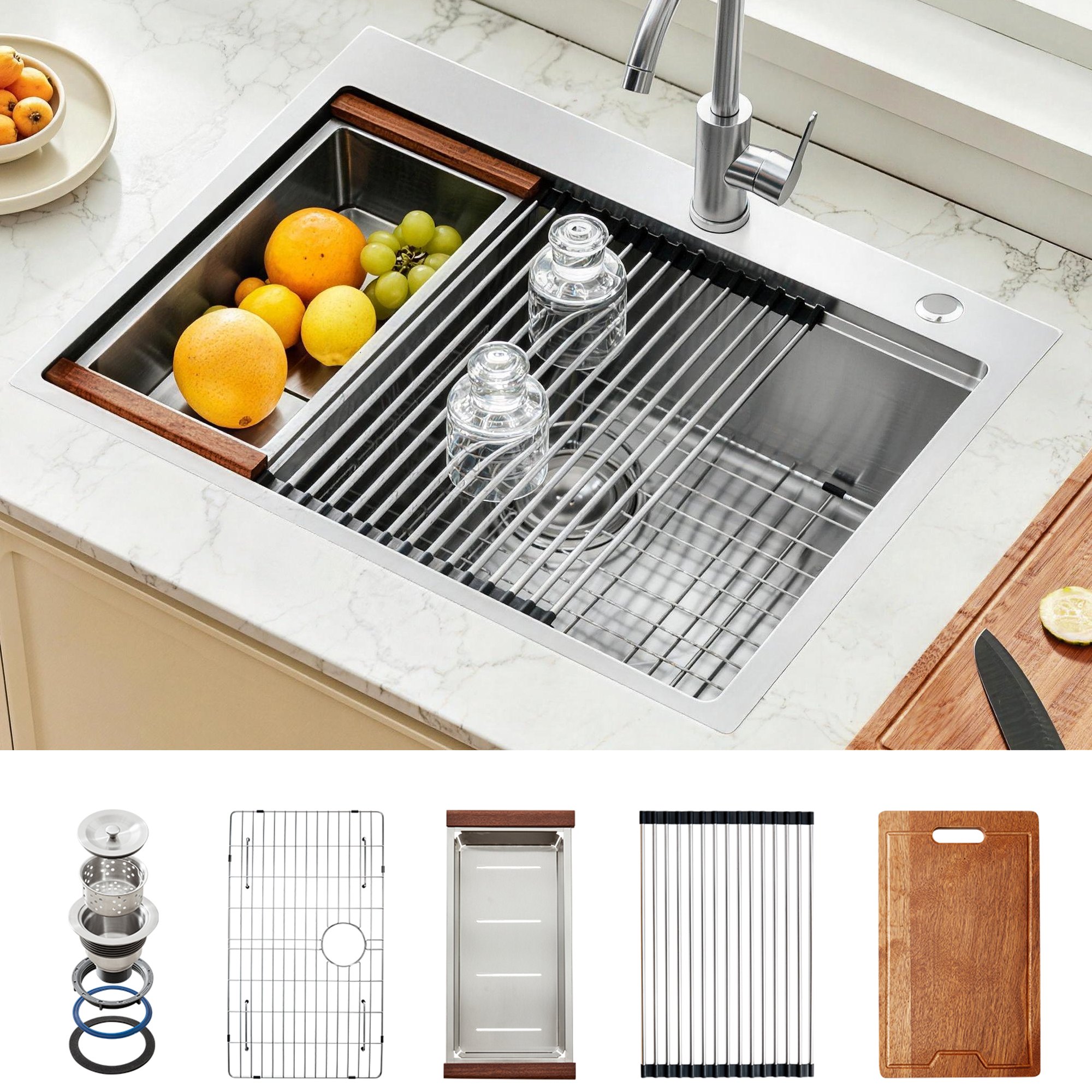 VEVOR 33 inch Kitchen Sink Workstation, 304 Stainless Steel Top Mount Sinks, Drop-In Single Bowl Farmhouse Basin with Ledge & Multiple Accessories, Household Dishwasher Sink for RV, Prep Kitchen, Bar