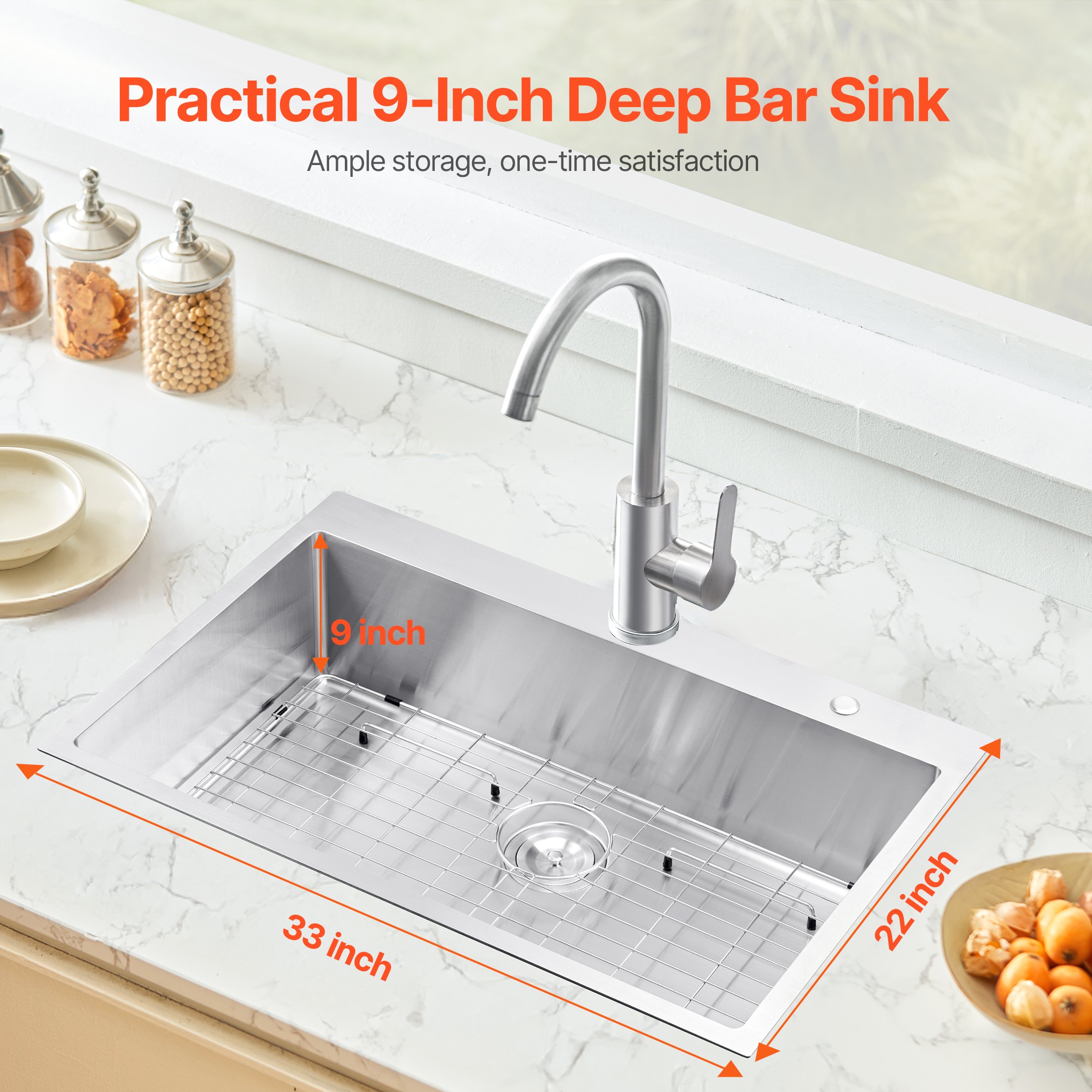 VEVOR 33 inch Kitchen Sink Workstation, 304 Stainless Steel Top Mount Sinks, Drop-In Single Bowl Farmhouse Basin with Accessories, Household Dishwasher Sinks for RV, Prep Kitchen, Laundry Room, Bar