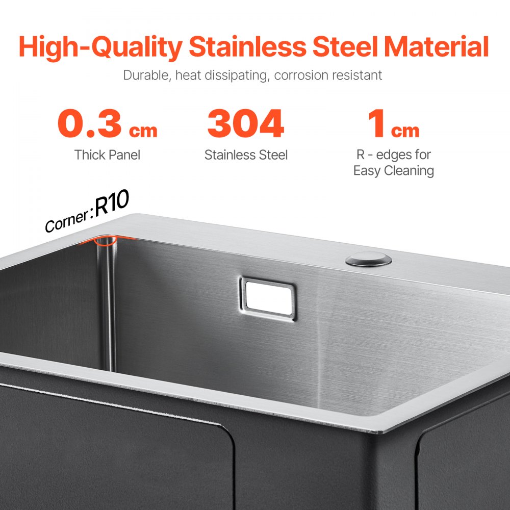 VEVOR 40cm Kitchen Sink Workstation, 304 Stainless Steel Top Mount Sinks, Drop-In Single Bowl Farmhouse Basin with Accessories, Household Dishwasher Sinks for RV, Prep Kitchen, Laundry Room, Bar