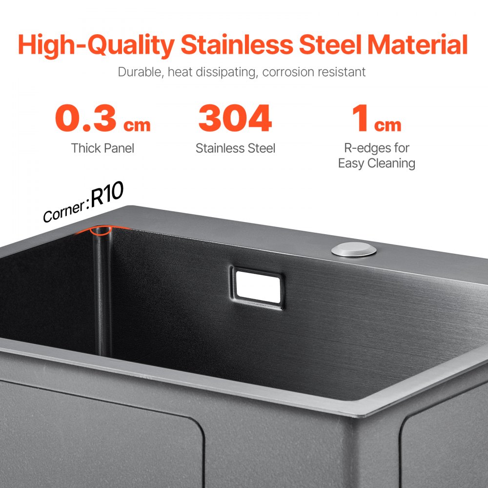 VEVOR 40cm Kitchen Sink Workstation, 304 Stainless Steel Top Mount Sinks, Drop-In Single Bowl Farmhouse Basin with Accessories, Household Dishwasher Sinks for RV, Prep Kitchen, and Bar (Black)