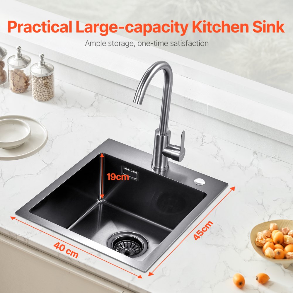 VEVOR 40cm Kitchen Sink Workstation, 304 Stainless Steel Top Mount Sinks, Drop-In Single Bowl Farmhouse Basin with Accessories, Household Dishwasher Sinks for RV, Prep Kitchen, and Bar (Black)