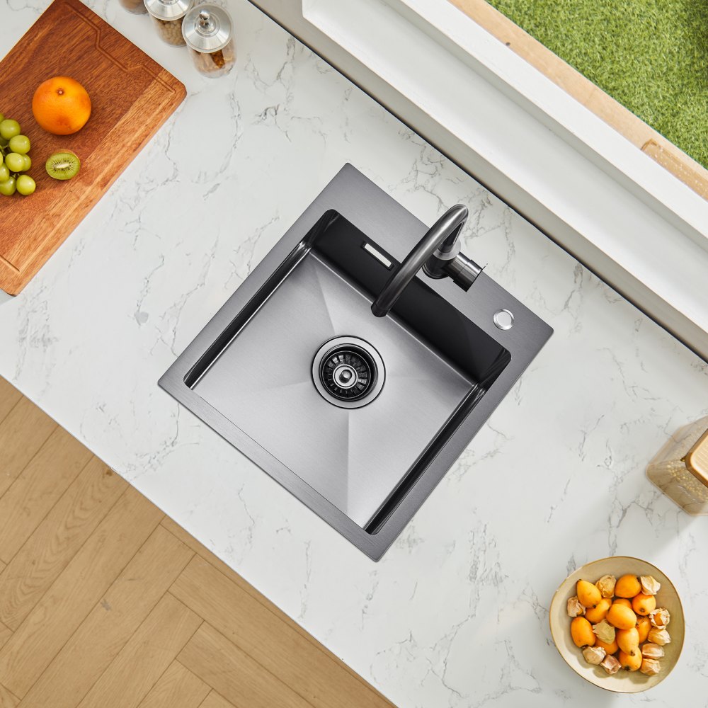 VEVOR 40cm Kitchen Sink Workstation, 304 Stainless Steel Top Mount Sinks, Drop-In Single Bowl Farmhouse Basin with Accessories, Household Dishwasher Sinks for RV, Prep Kitchen, and Bar (Black)