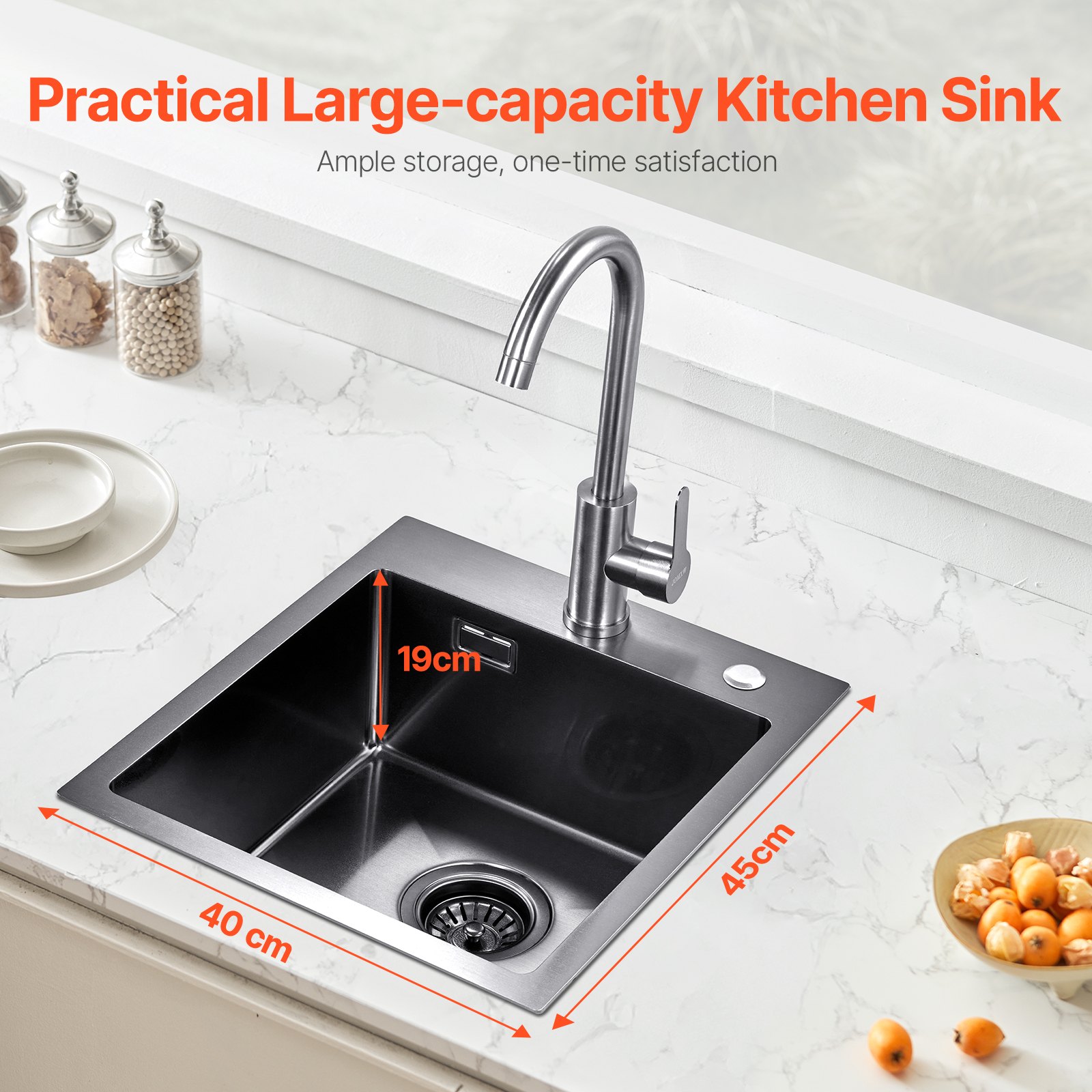VEVOR 40cm Kitchen Sink Workstation, 304 Stainless Steel Top Mount Sinks, Drop-In Single Bowl Farmhouse Basin with Accessories, Household Dishwasher Sinks for RV, Prep Kitchen, and Bar (Black)