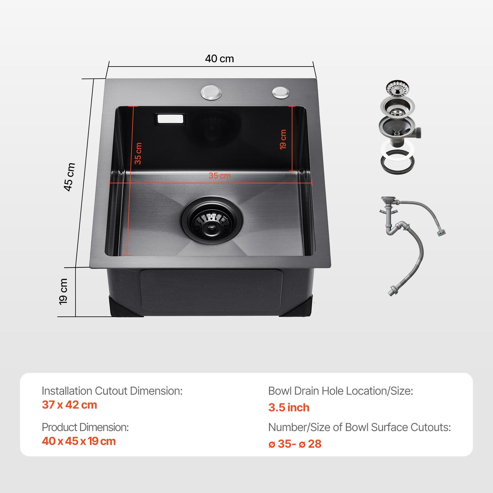 VEVOR 40cm Kitchen Sink Workstation, 304 Stainless Steel Top Mount Sinks, Drop-In Single Bowl Farmhouse Basin with Accessories, Household Dishwasher Sinks for RV, Prep Kitchen, and Bar (Black)
