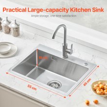 VEVOR 55cm Kitchen Sink Top Mount Single Bowl Drop-In Basin Stainless Steel Bar