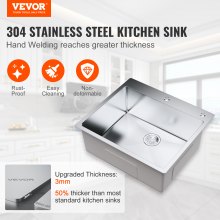 VEVOR Kitchen Sink, 304 Stainless Steel Drop-In Sinks, Top Mount Single Bowl Basin with Accessories(Pack of 2), Household Dishwasher Sinks for Workstation, RV, Prep Kitchen, and Bar Sink, 25 inch
