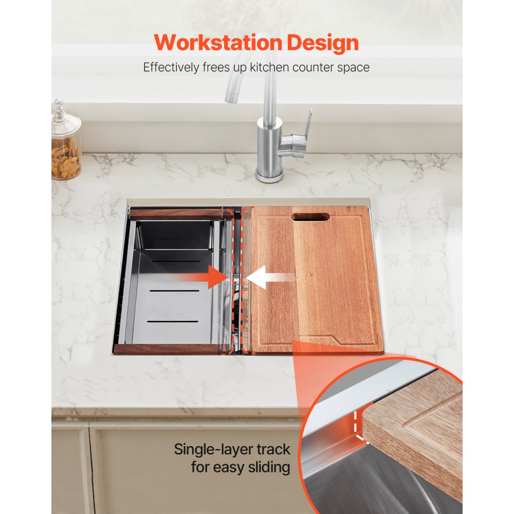 VEVOR 23 inch Kitchen Sink Workstation, 304 Stainless Steel Undermount Sink, Drop-In Single Bowl Farmhouse Basin with Ledge & Multiple Accessories, Household Dishwasher Sinks for RV, Prep Kitchen, Bar