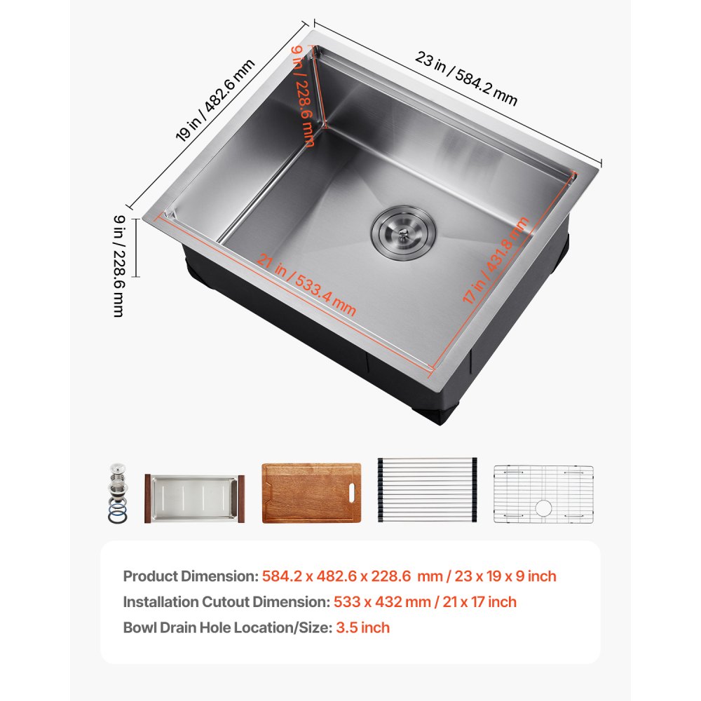 VEVOR 23 inch Kitchen Sink Workstation, 304 Stainless Steel Undermount Sink, Drop-In Single Bowl Farmhouse Basin with Ledge & Multiple Accessories, Household Dishwasher Sinks for RV, Prep Kitchen, Bar