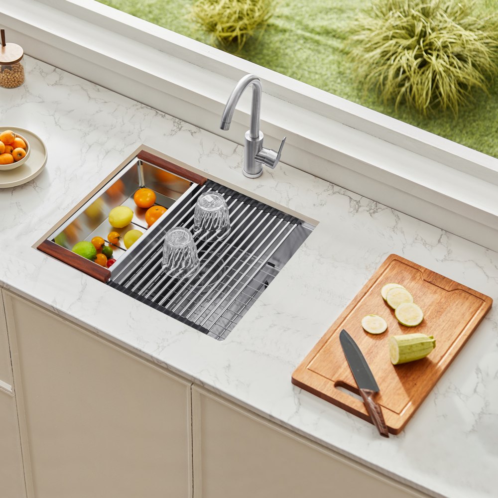 VEVOR 23 inch Kitchen Sink Workstation, 304 Stainless Steel Undermount Sink, Drop-In Single Bowl Farmhouse Basin with Ledge & Multiple Accessories, Household Dishwasher Sinks for RV, Prep Kitchen, Bar