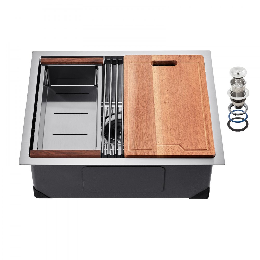 VEVOR 23 inch Kitchen Sink Workstation, 304 Stainless Steel Undermount Sink, Drop-In Single Bowl Farmhouse Basin with Ledge & Multiple Accessories, Household Dishwasher Sinks for RV, Prep Kitchen, Bar