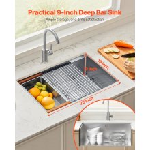 23" Kitchen Sink Undermount Single Bowl Drop-In Basin Stainless Steel Bar