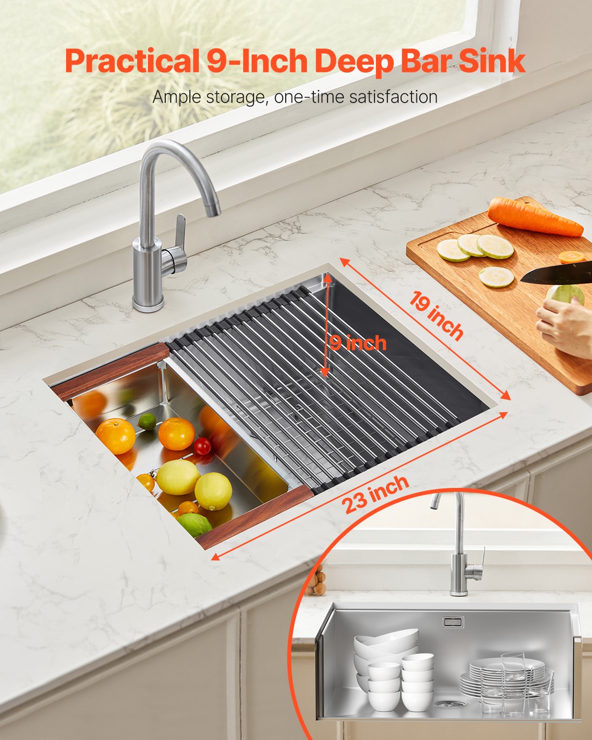 VEVOR 23 inch Kitchen Sink Workstation, 304 Stainless Steel Undermount Sink, Drop-In Single Bowl Farmhouse Basin with Ledge & Multiple Accessories, Household Dishwasher Sinks for RV, Prep Kitchen, Bar