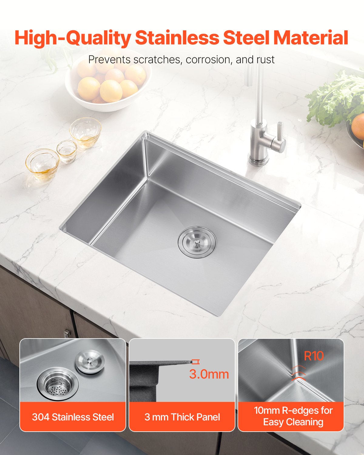 VEVOR 23 inch Kitchen Sink Workstation, 304 Stainless Steel Undermount Sink, Drop-In Single Bowl Farmhouse Basin with Ledge & Multiple Accessories, Household Dishwasher Sinks for RV, Prep Kitchen, Bar