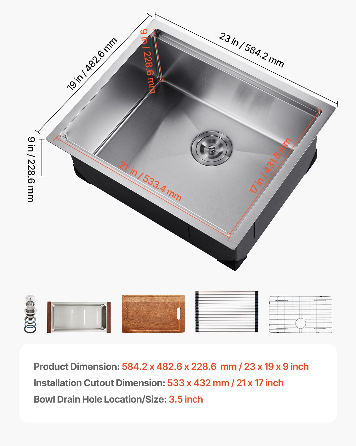 VEVOR 23 inch Kitchen Sink Workstation, 304 Stainless Steel Undermount Sink, Drop-In Single Bowl Farmhouse Basin with Ledge & Multiple Accessories, Household Dishwasher Sinks for RV, Prep Kitchen, Bar