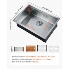27" Kitchen Sink Undermount Single Bowl Drop-In Basin Stainless Steel Bar