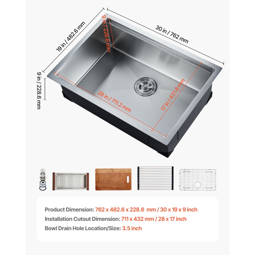 VEVOR 30 inch Kitchen Sink Workstation, 304 Stainless Steel Undermount Sink, Drop-In Single Bowl Farmhouse Basin with Ledge & Multiple Accessories, Household Dishwasher Sinks for RV, Prep Kitchen, Bar