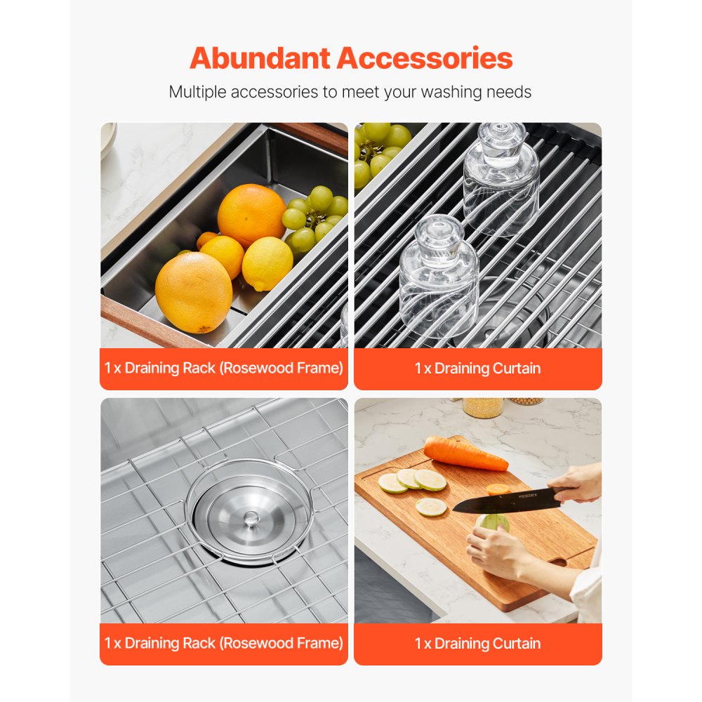 VEVOR 30 inch Kitchen Sink Workstation, 304 Stainless Steel Undermount Sink, Drop-In Single Bowl Farmhouse Basin with Ledge & Multiple Accessories, Household Dishwasher Sinks for RV, Prep Kitchen, Bar