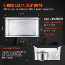 VEVOR Kitchen Sink, 304 Stainless Steel Drop-In Sinks, Undermount Single Bowl Basin with Accessories(Pack of 3), Household Dishwasher Sinks for Workstation, RV, Prep Kitchen, and Bar Sink, 32 inch