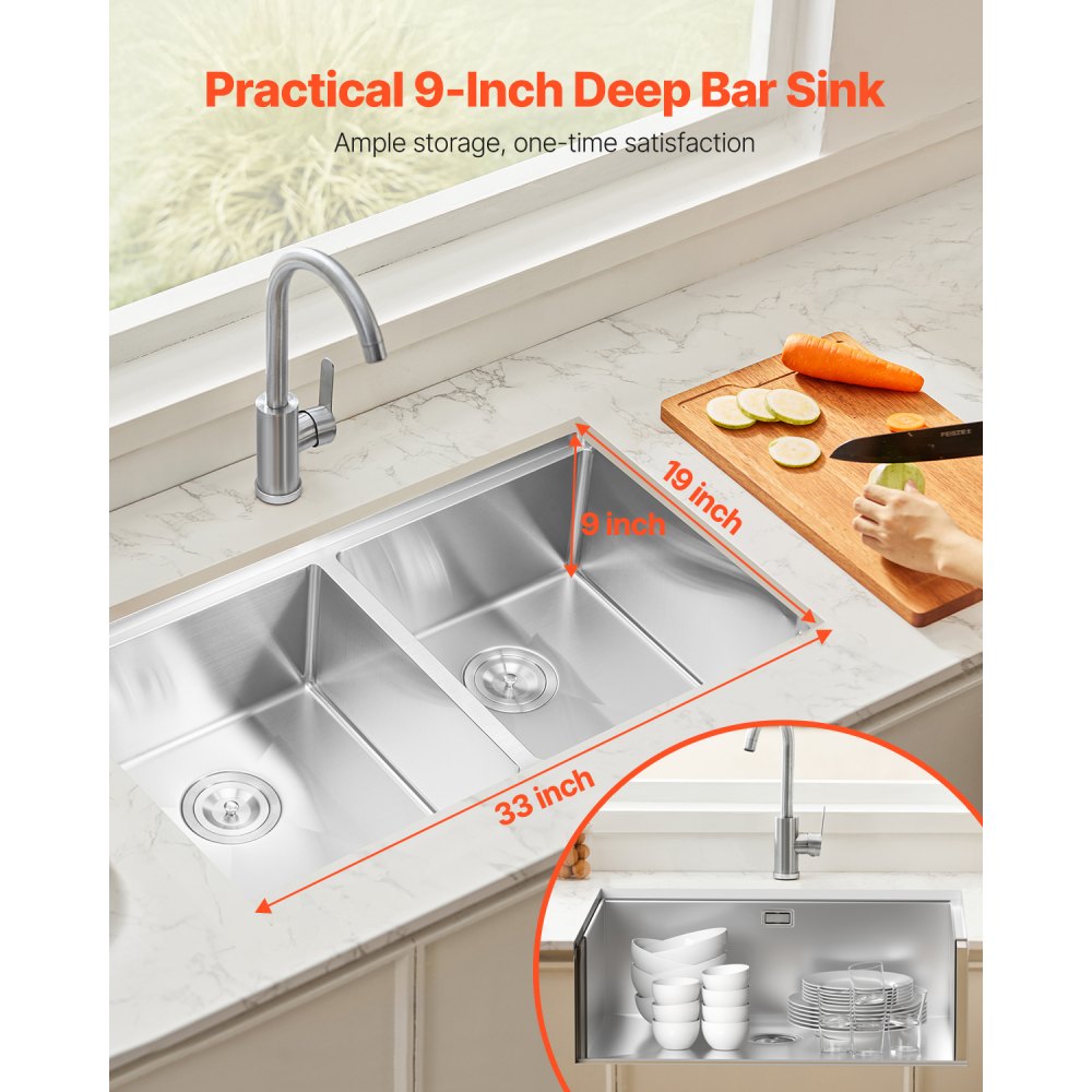 VEVOR 33 inch Kitchen Sink Workstation, 304 Stainless Steel Undermount Sink, Drop-In Double Bowl Farmhouse Basin with Ledge & Multiple Accessories, Household Dishwasher Sinks for RV, Prep Kitchen, Bar