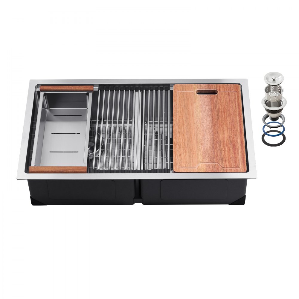 VEVOR 33 inch Kitchen Sink Workstation, 304 Stainless Steel Undermount Sink, Drop-In Double Bowl Farmhouse Basin with Ledge & Multiple Accessories, Household Dishwasher Sinks for RV, Prep Kitchen, Bar