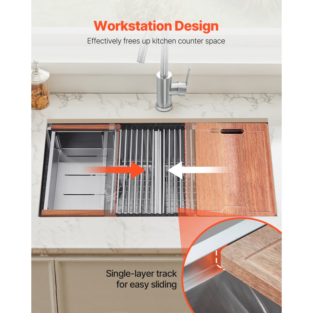 VEVOR 33 inch Kitchen Sink Workstation, 304 Stainless Steel Undermount Sink, Drop-In Double Bowl Farmhouse Basin with Ledge & Multiple Accessories, Household Dishwasher Sinks for RV, Prep Kitchen, Bar