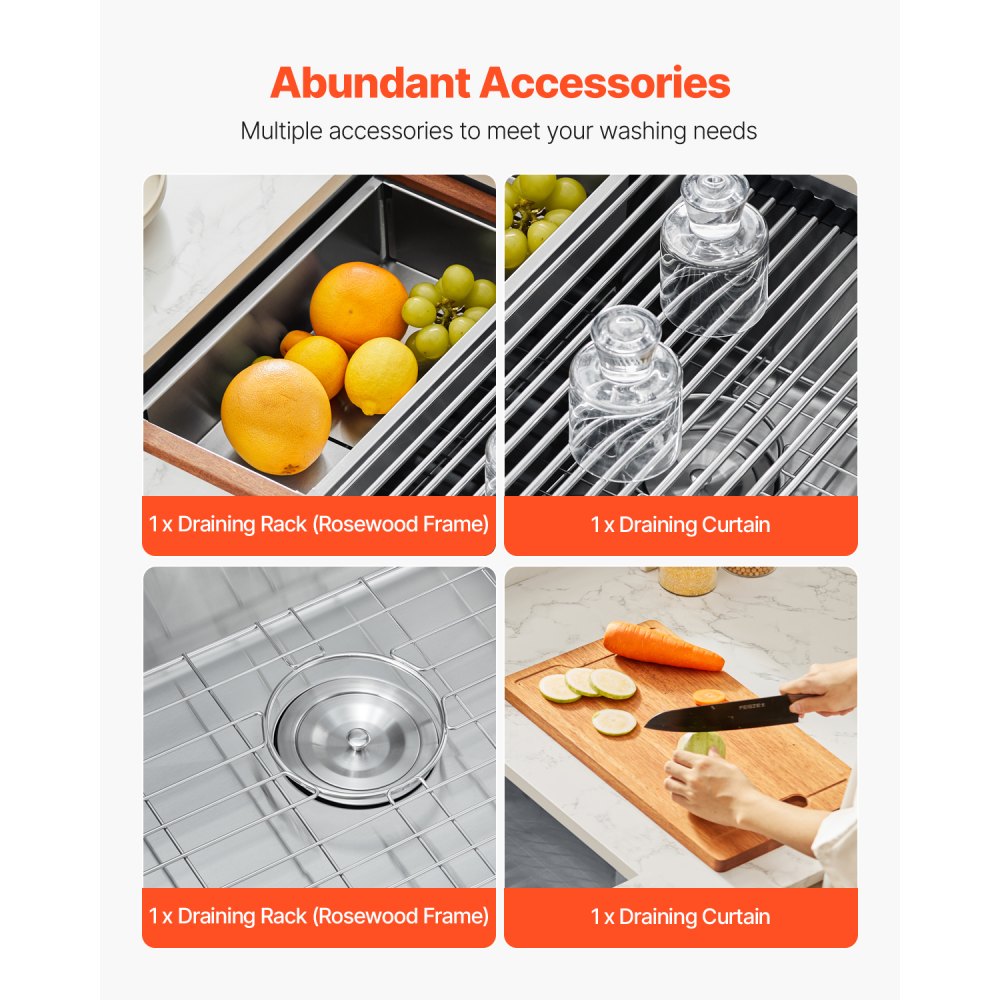 VEVOR 33 inch Kitchen Sink Workstation, 304 Stainless Steel Undermount Sink, Drop-In Double Bowl Farmhouse Basin with Ledge & Multiple Accessories, Household Dishwasher Sinks for RV, Prep Kitchen, Bar