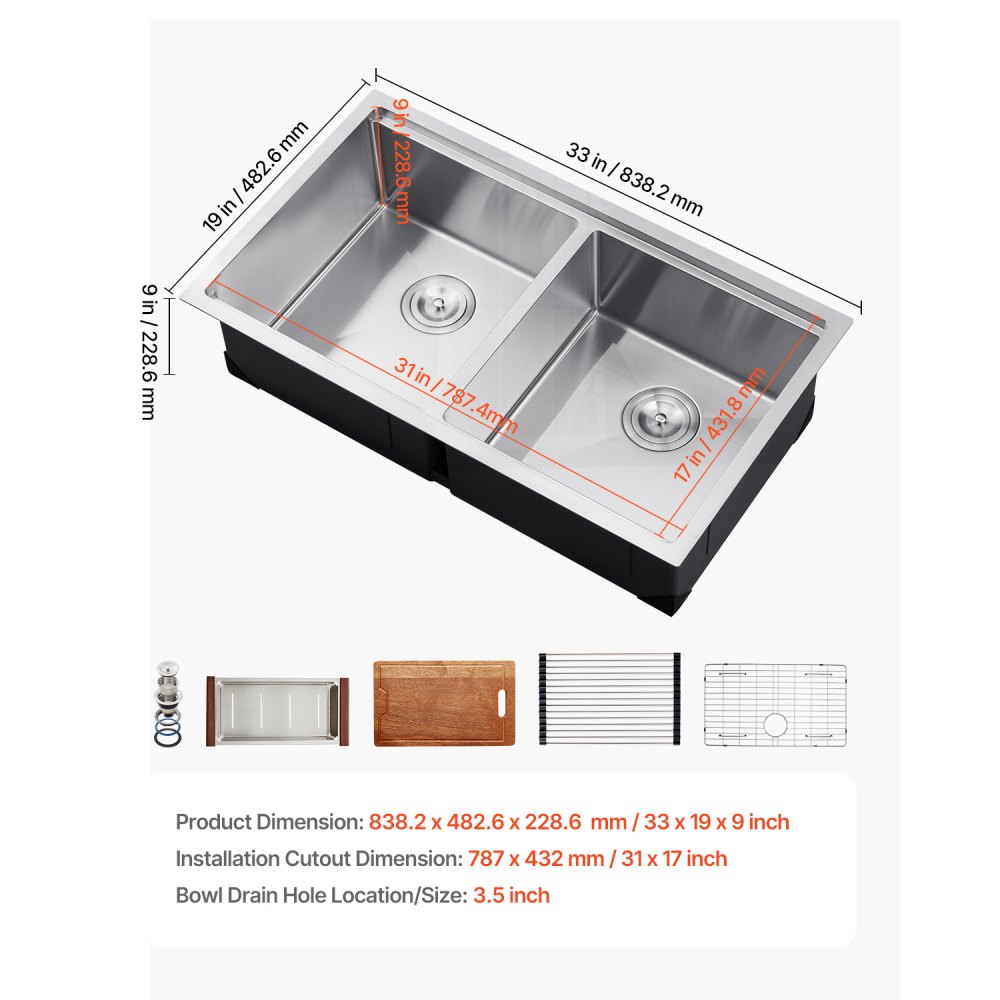 VEVOR 33 inch Kitchen Sink Workstation, 304 Stainless Steel Undermount Sink, Drop-In Double Bowl Farmhouse Basin with Ledge & Multiple Accessories, Household Dishwasher Sinks for RV, Prep Kitchen, Bar