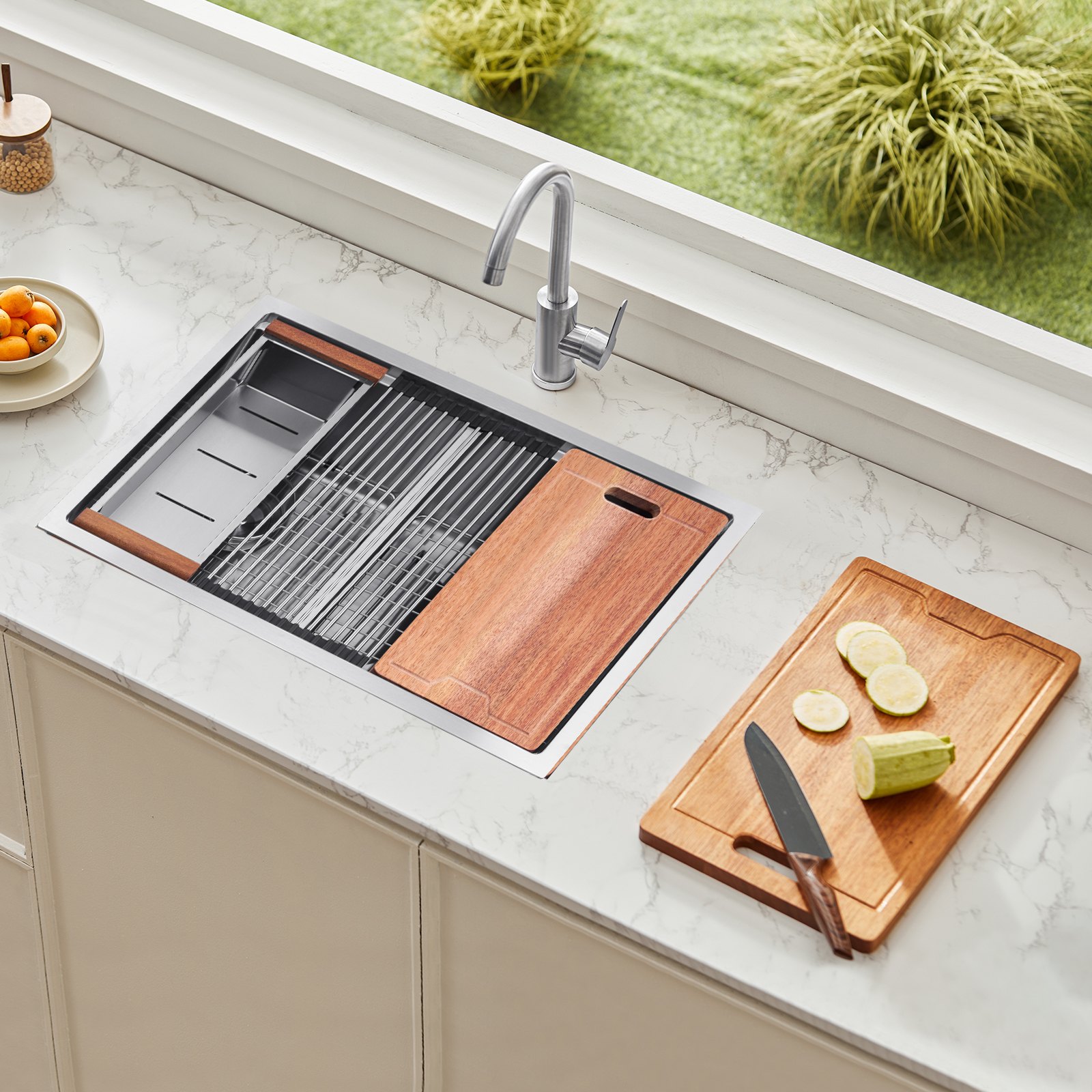 VEVOR 33 inch Kitchen Sink Workstation, 304 Stainless Steel Undermount Sink, Drop-In Double Bowl Farmhouse Basin with Ledge & Multiple Accessories, Household Dishwasher Sinks for RV, Prep Kitchen, Bar