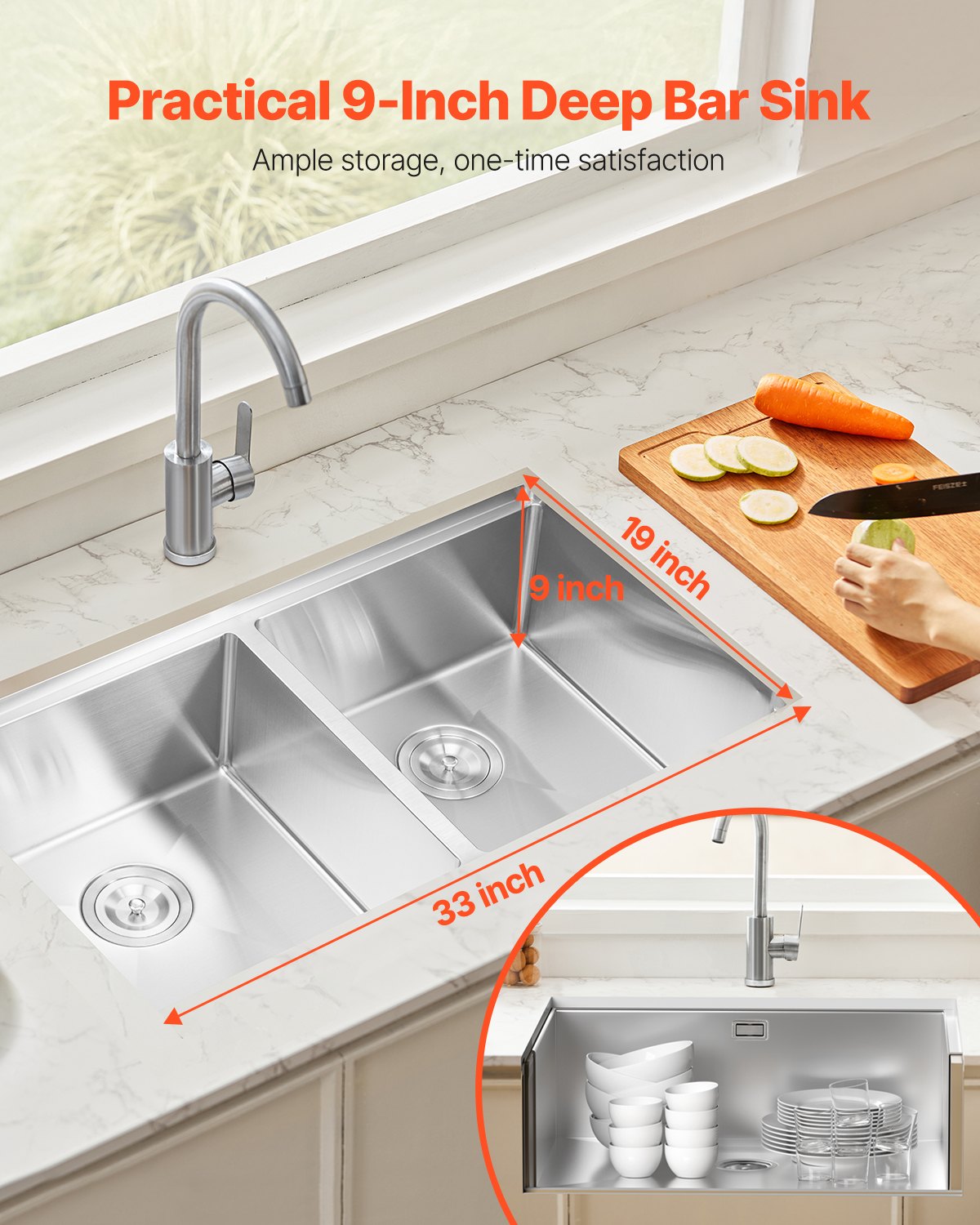 VEVOR 33 inch Kitchen Sink Workstation, 304 Stainless Steel Undermount Sink, Drop-In Double Bowl Farmhouse Basin with Ledge & Multiple Accessories, Household Dishwasher Sinks for RV, Prep Kitchen, Bar