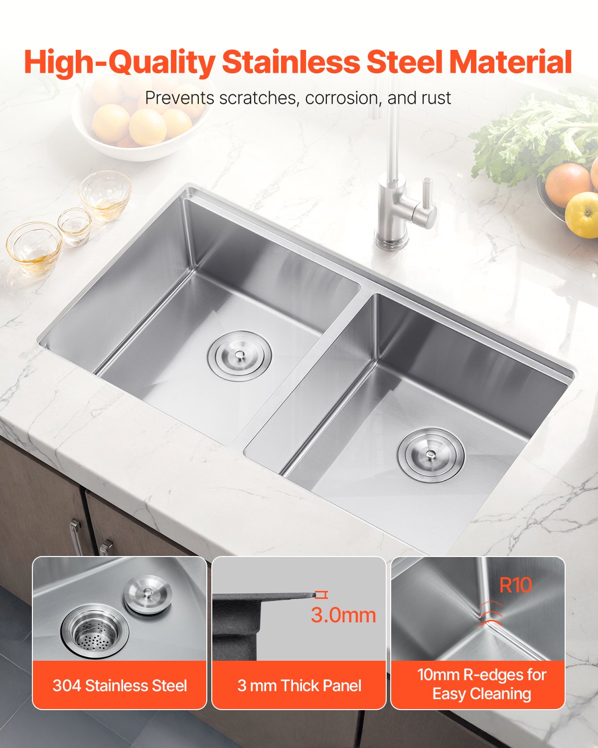VEVOR 33 inch Kitchen Sink Workstation, 304 Stainless Steel Undermount Sink, Drop-In Double Bowl Farmhouse Basin with Ledge & Multiple Accessories, Household Dishwasher Sinks for RV, Prep Kitchen, Bar