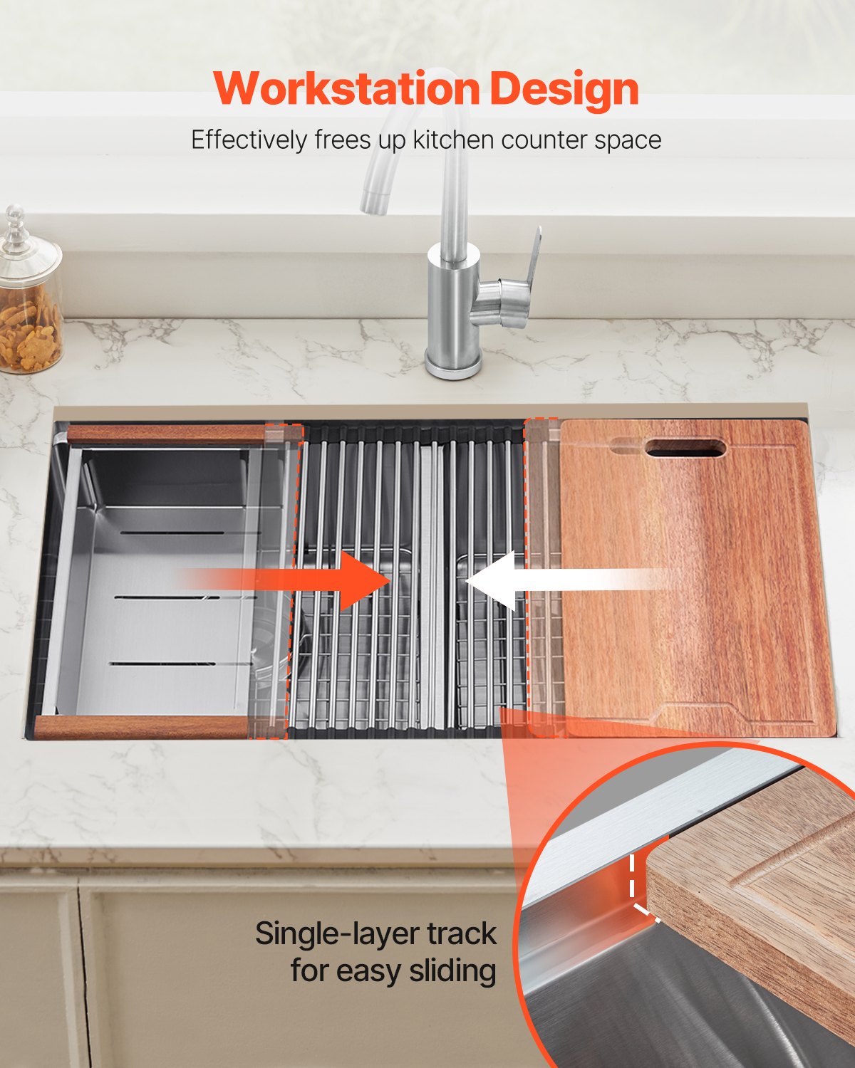VEVOR 33 inch Kitchen Sink Workstation, 304 Stainless Steel Undermount Sink, Drop-In Double Bowl Farmhouse Basin with Ledge & Multiple Accessories, Household Dishwasher Sinks for RV, Prep Kitchen, Bar