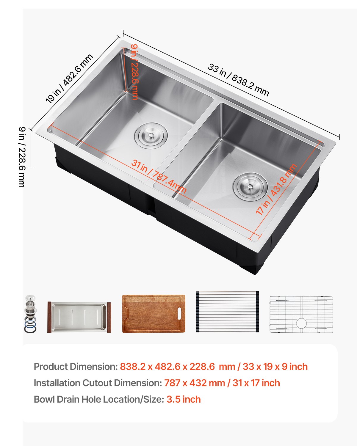 VEVOR 33 inch Kitchen Sink Workstation, 304 Stainless Steel Undermount Sink, Drop-In Double Bowl Farmhouse Basin with Ledge & Multiple Accessories, Household Dishwasher Sinks for RV, Prep Kitchen, Bar