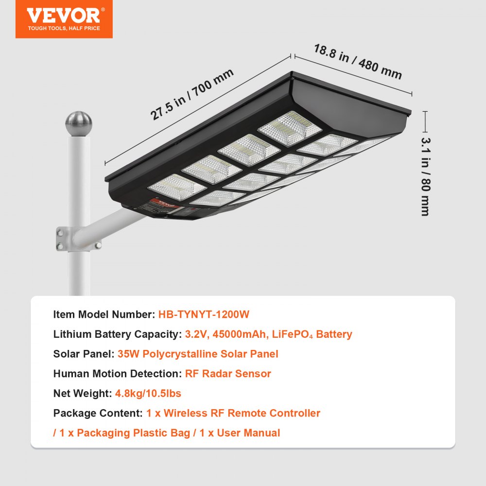 VEVOR 1200W Solar Street Light, 1900LM, LED Solar Flood Lights Outdoor with RF Remote Control, IP66 Waterproof Security Solar Powered Motion Sensor Lamp for Garden Yard Home Path Garage Parking Lot