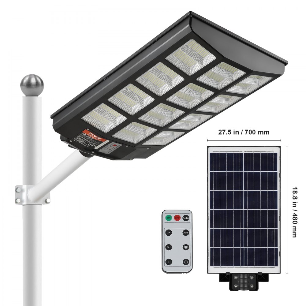 Luz solar de calle de 800 W, lámpara solar de seguridad para exteriores,  luces de inundación, luz de poste del atardecer al amanecer, control remoto