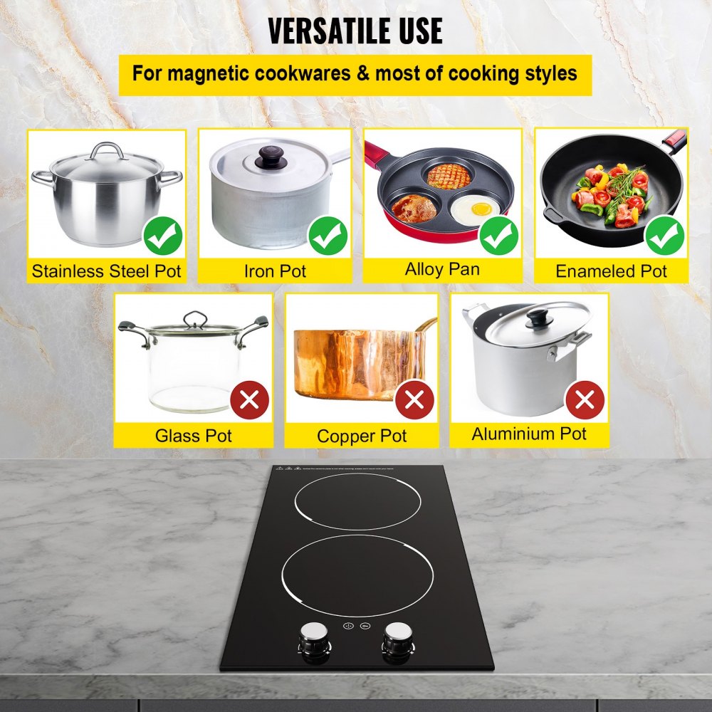 VEVOR Built-in Induction Cooktop, 11 inch 2 Burners, 120V Ceramic Glass Electric Stove Top with Knob Control, Timer & Child Lock Included, 9 Power Levels with Boost Function for Simmer Steam Fry