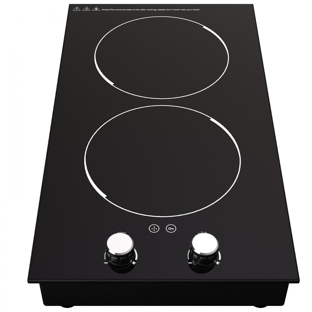 VEVOR Built-in Induction Cooktop, 11 inch 2 Burners, 120V Ceramic Glass Electric Stove Top with Knob Control, Timer & Child Lock Included, 9 Power Levels with Boost Function for Simmer Steam Fry
