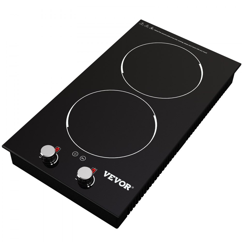 VEVOR Built-in Induction Cooktop, 11 inch 2 Burners, 120V Ceramic Glass Electric Stove Top with Knob Control, Timer & Child Lock Included, 9 Power Levels with Boost Function for Simmer Steam Fry