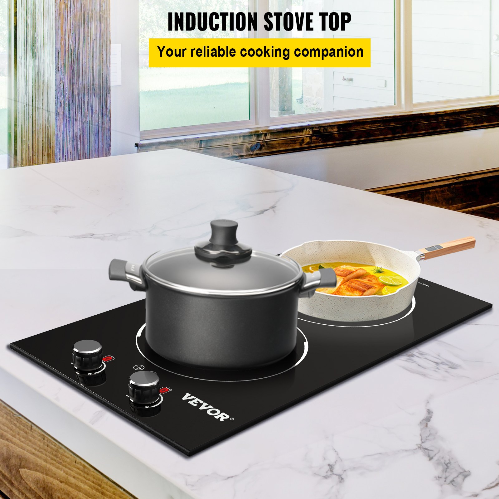 VEVOR Built-in Induction Cooktop, 11 inch 2 Burners, 120V Ceramic Glass Electric Stove Top with Knob Control, Timer & Child Lock Included, 9 Power Levels with Boost Function for Simmer Steam Fry