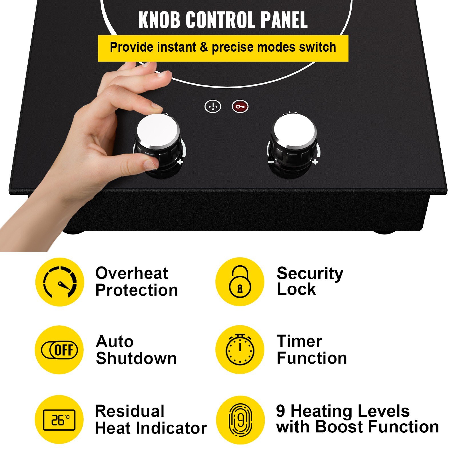 VEVOR Built-in Induction Cooktop, 11 inch 2 Burners, 120V Ceramic Glass Electric Stove Top with Knob Control, Timer & Child Lock Included, 9 Power Levels with Boost Function for Simmer Steam Fry