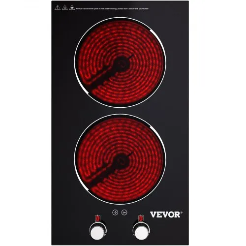 VEVOR Built in Electric Stove Top, 11 inch 2 Burners, 220V Ceramic Glass Radiant Cooktop with Knob Control, Timer & Child Lock Included, 9 Power Levels with Boost Function for Simmer Steam Fry, Black