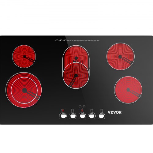 VEVOR Radiant Cooktop with Knob Control, Timer & Child Lock Included, 9 Power Levels with Boost Function Built in Electric Stove Top, 35 inch 5 Burners, 220V Ceramic Glass, Black