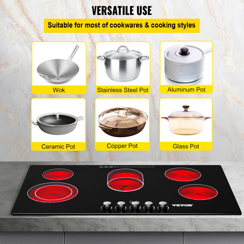 VEVOR Radiant Cooktop with Knob Control, Timer & Child Lock Included, 9 Power Levels with Boost Function Built in Electric Stove Top, 35 inch 5 Burners, 220V Ceramic Glass, Black