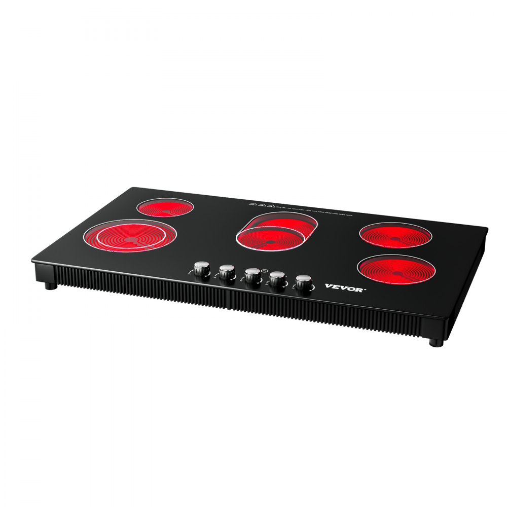 VEVOR Radiant Cooktop with Knob Control, Timer & Child Lock Included, 9 Power Levels with Boost Function Built in Electric Stove Top, 35 inch 5 Burners, 220V Ceramic Glass, Black