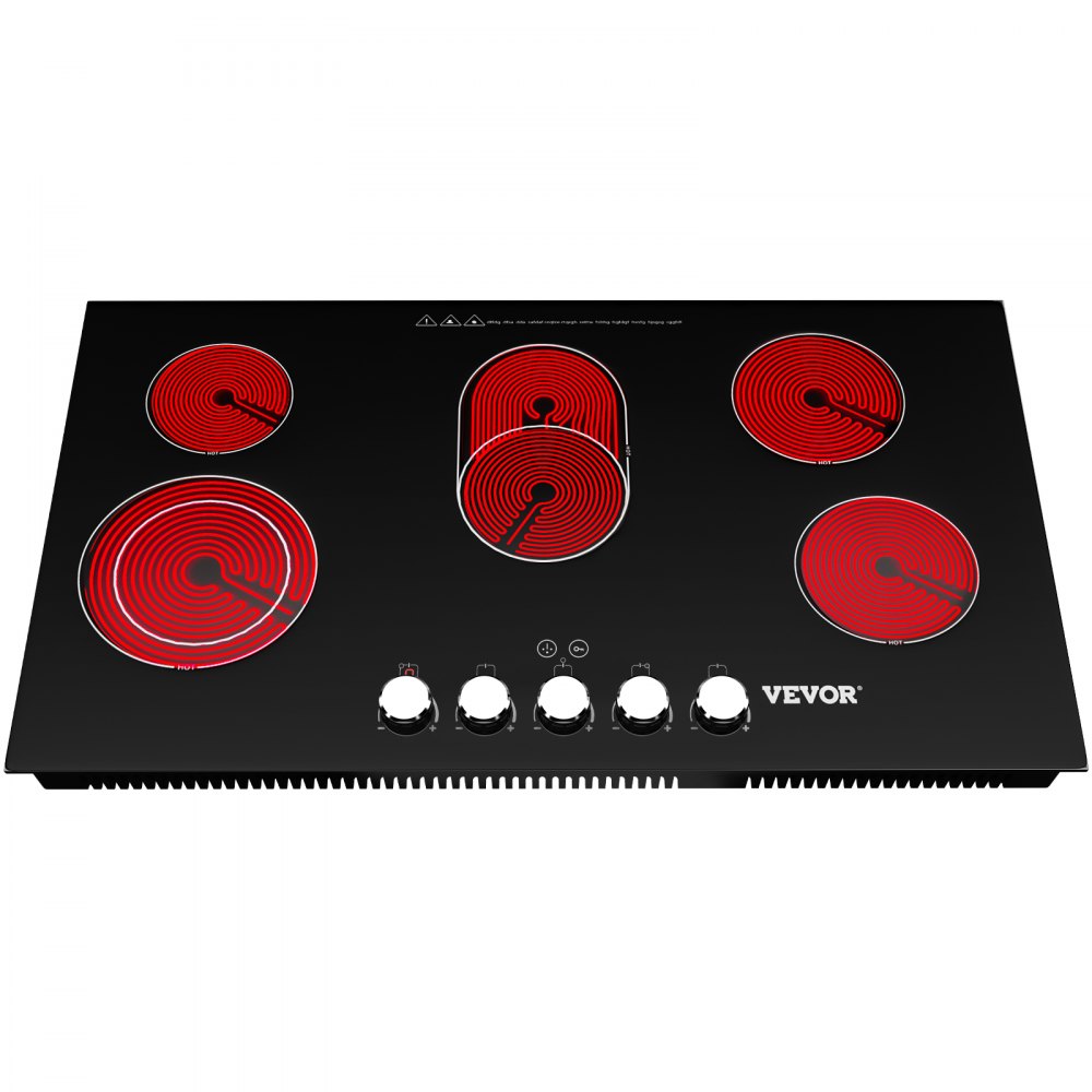 VEVOR Radiant Cooktop with Knob Control, Timer & Child Lock Included, 9 Power Levels with Boost Function Built in Electric Stove Top, 35 inch 5 Burners, 220V Ceramic Glass, Black