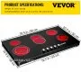 VEVOR Radiant Cooktop with Knob Control, Timer & Child Lock Included, 9 Power Levels with Boost Function Built in Electric Stove Top, 35 inch 5 Burners, 220V Ceramic Glass, Black